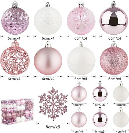 SY CRAFT 86 Pieces of Assorted Shatterproof Christmas Ball Snowflake Ornaments Seasonal Decorative Hanging Ornament Set with Hand-held Gift Package for Xmas Tree Decorations (86PCS, Pink)