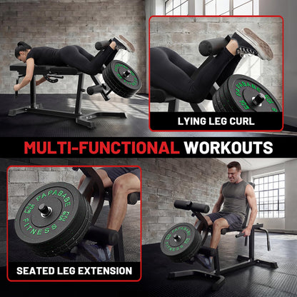 PAPABABE Leg Extension and Curl Machine, Adjustable Leg Machine, Seated Leg Extension and Lying Leg Curl Machine, Lower Body Workout Equipment for Home Gym, Compatible with 1'' and 2'' Weight Plates