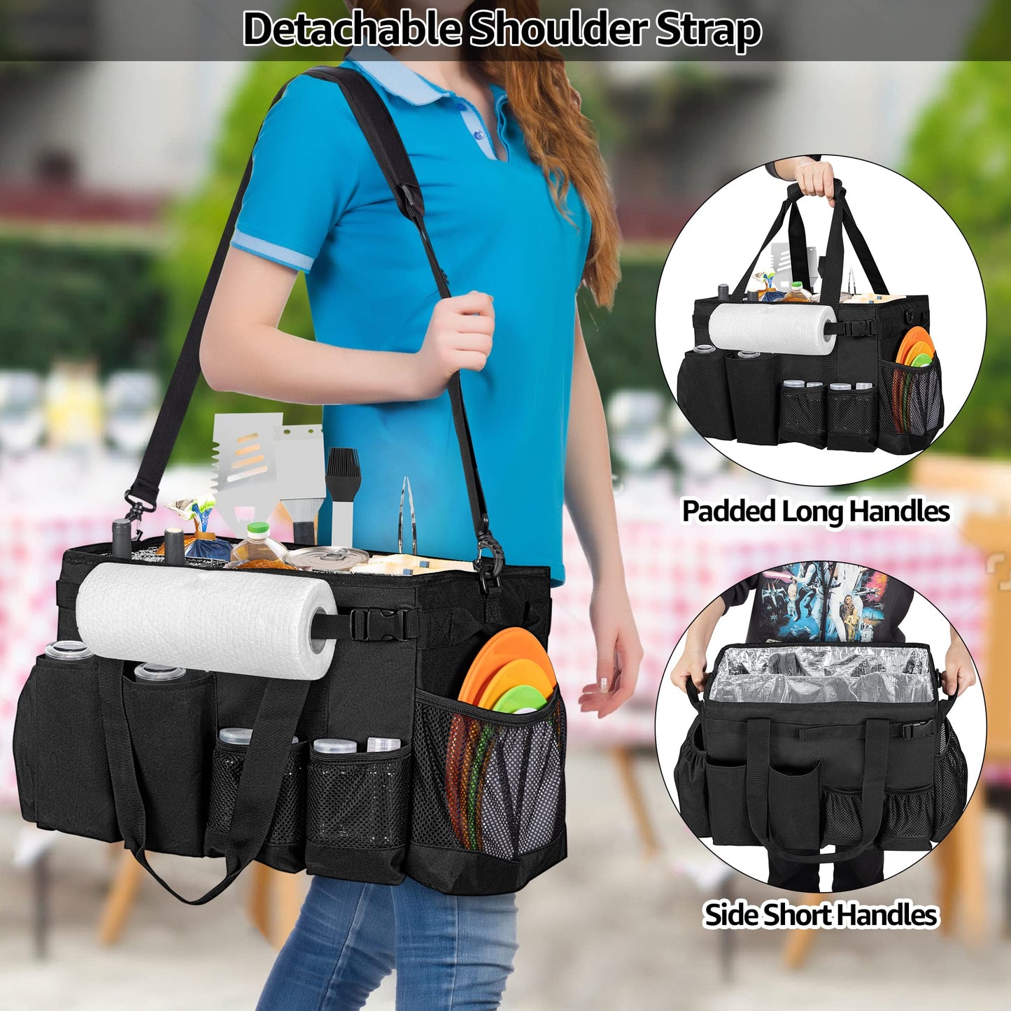 HODRANT Large Grill Utensil Caddy with Paper Towel Holder, Outdoor Picnic Bag Organizer for BBQ Supplies Tool, Tailgating Accessory Basket Camping Gear Must Haves for Cook Essentials, Black, Bag Only