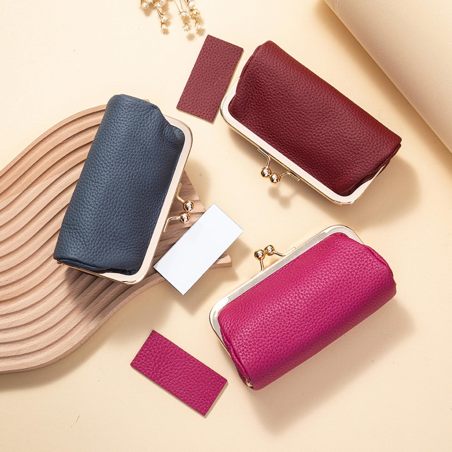 EutDett Lipstick Case with Mirror, Genuine Leather small makup bag for Purse - Kiss Lock Cosmetic Bag Portable Mini Makeup Pouch for Women, Small Travel Makeup Organizer (Brown)