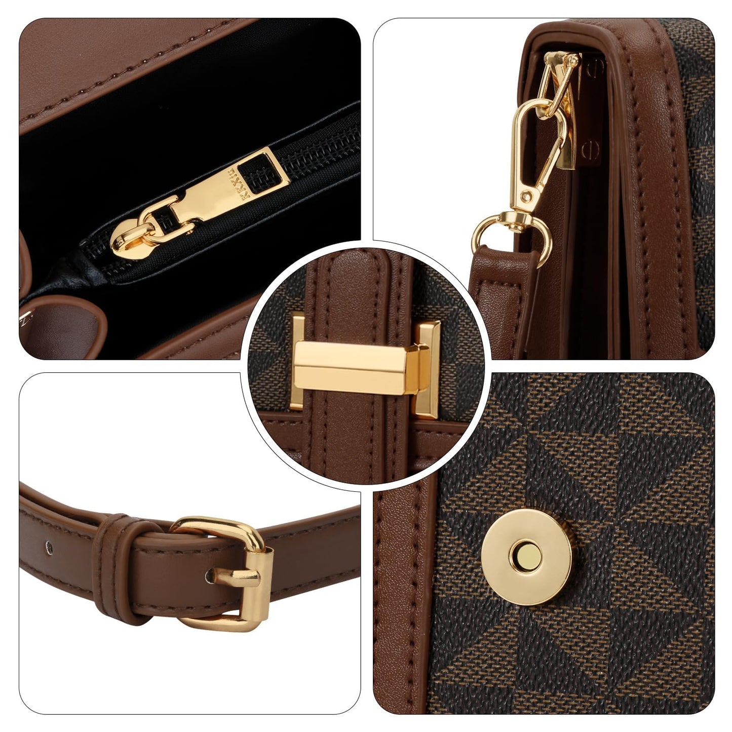 KKXIU Crossbody Bags for Women - Top Handle Purses for Lady, Leather Handbags Shoulder Clutch with Adjustable Shoulder Strap (Brown Checkered)