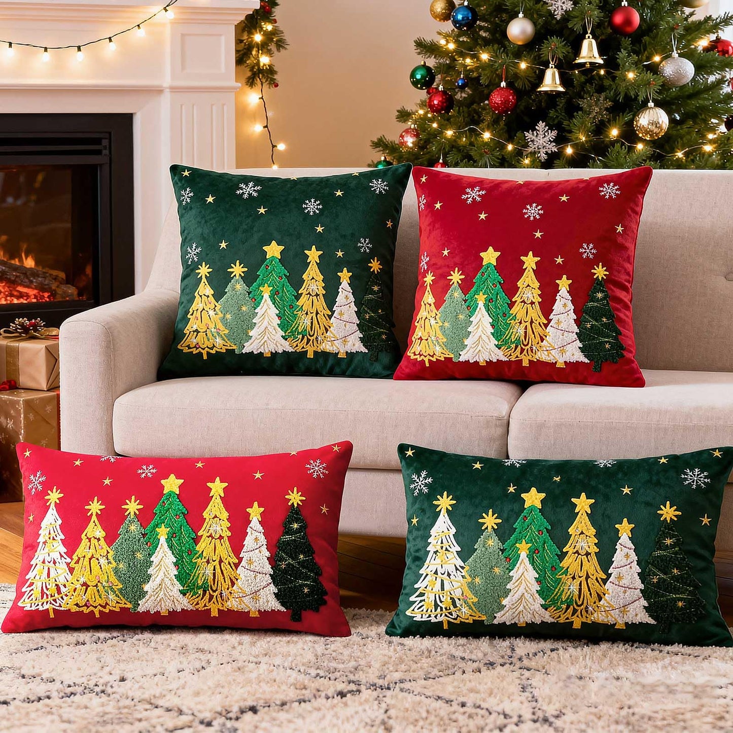 Lanpn 16x16 Christmas Pillow Covers Set of 2, Embroidery Cute Christmas Tree Decorative Holiday Pillowcase Pillow Case Cushion 16 x 16 for Indoor Home Bedroom Sofa Couch Xmas Decor