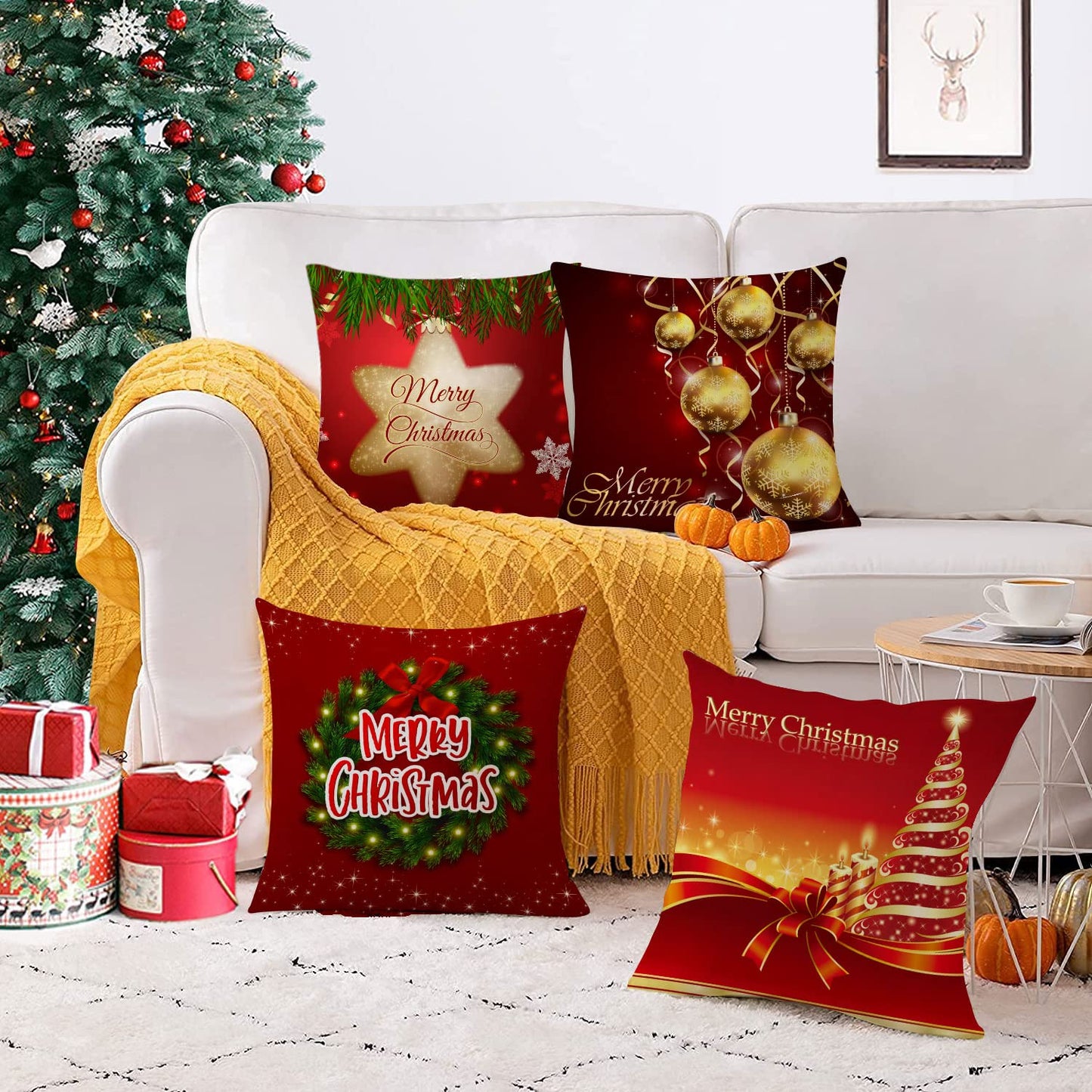 Set of 4 Christmas Pillow Covers 18x18 Inch Xmas Pillow Cases Velvet Throw Pillow Covers Red Gold Winter Holiday Cushion Covers Outdoor Couch Sofa Home Decorations for New Year