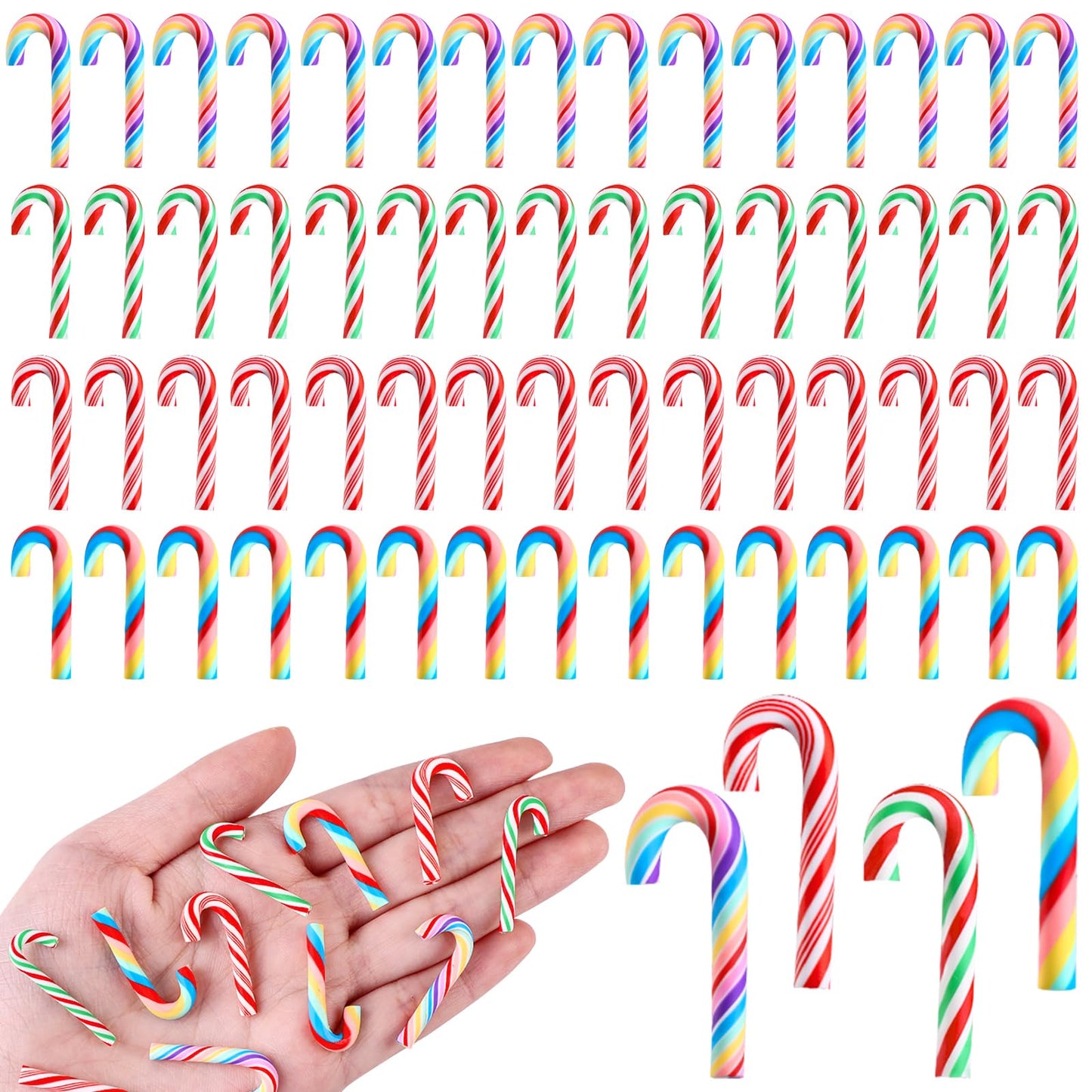 Celltestria 80Pcs Christmas Mini Candy Canes Faux Clay Candy Canes for Crafts Rainbow Candy Cane Miniatures Xmas Candy Stick Ornaments for Vase Filler Tree Hanging Christmas Party Decorations