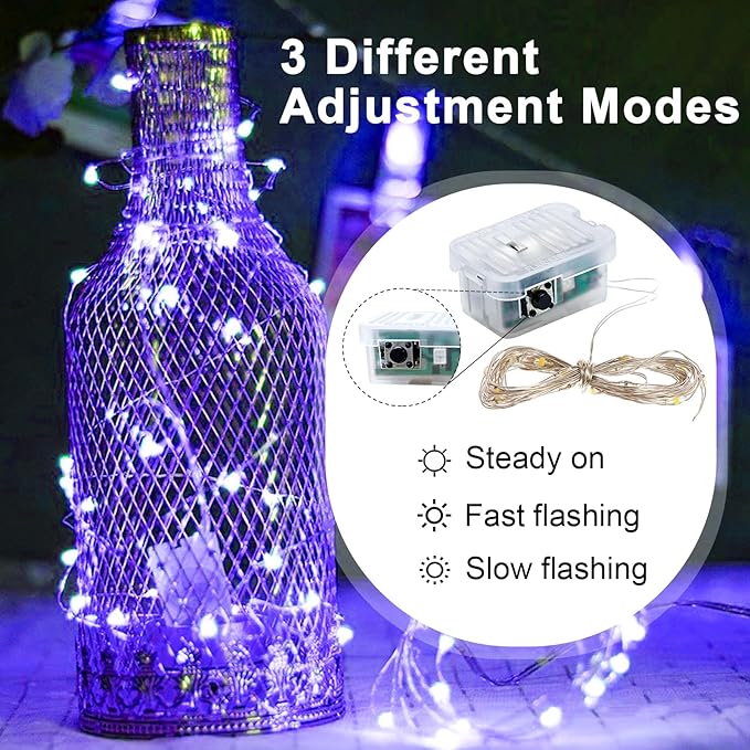 pozzolanas 12 Pack Purple Fairy Lights Battery Operated 3 Modes 7FT 20 LED Waterproof String Lights Twinkle Silver Wire for Mason Jars Wedding Christmas Halloween Party Decor (12, Purple)