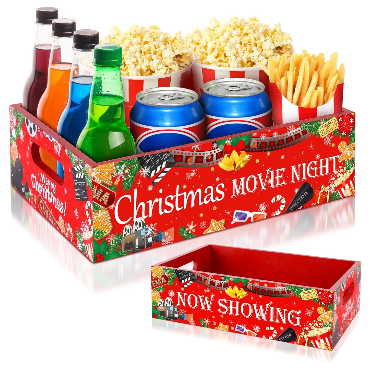Christmas Movie Night Snack Tray Wooden Movie Snack Tray Movie Night Party Supplies for Countertop Storage Trays Popcorn Nacho Theater Snack for Christmas Home Kitchen Chips Candy Food Supplies