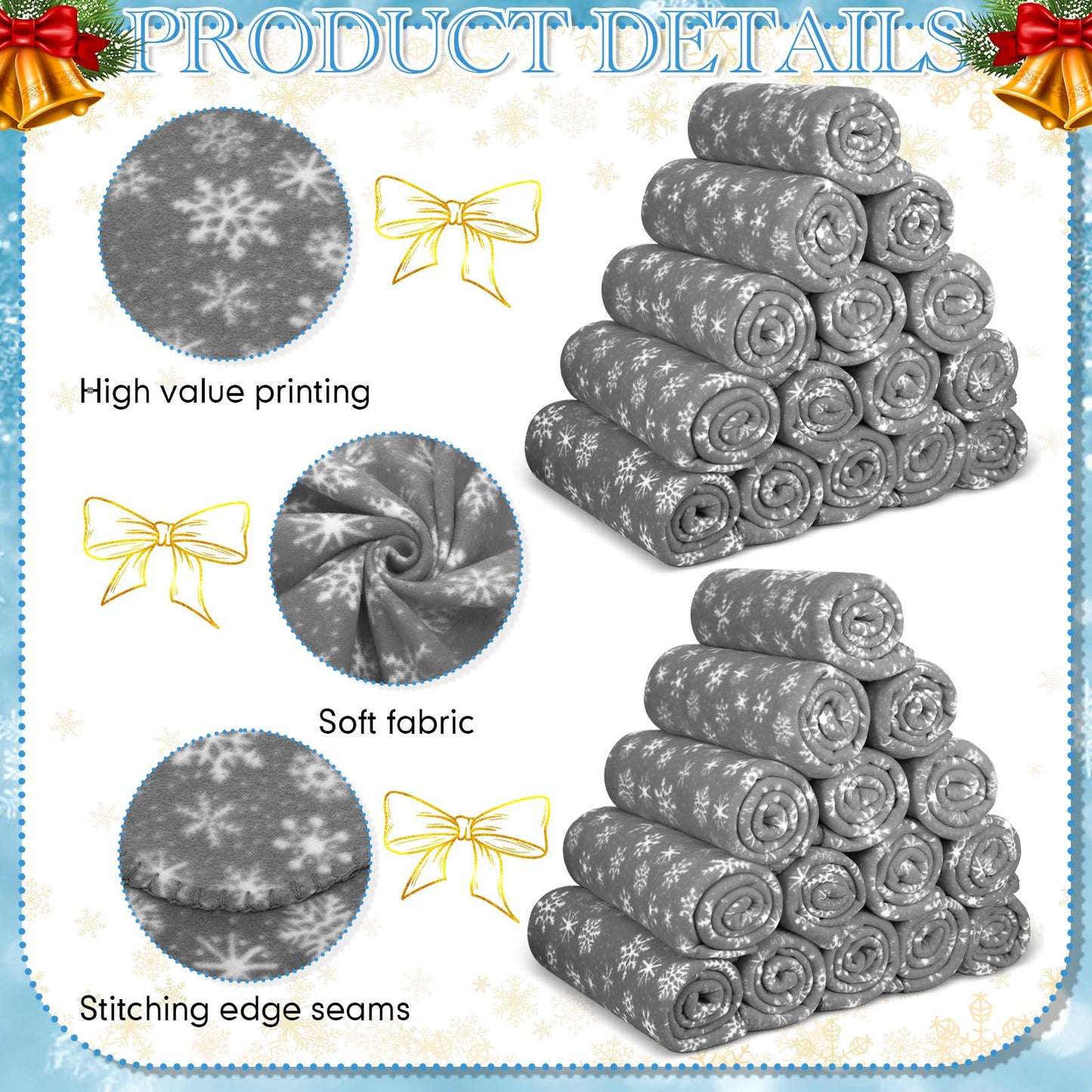 Moukeren 24 Pcs Christmas Snowflake Throw Blanket Bulk, 59 x 47 Inch Xmas Winter Throw Blanket Christmas Warm Soft Cozy Fleece for Home Bedding Couch Chair Gift (Gray)