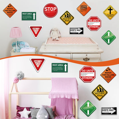 Frienda 10 Pcs Christian Road Sign VBS Road Trip Decorations Paper Religious Bulletin Board Cutouts Construction Party for Halloween Trunk or Treat Classroom Bible Sunday School Church Decor