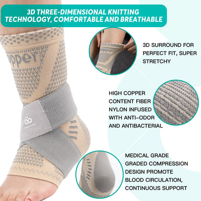 INDEEMAX Ankle Brace for Sprained Ankle Compression Sleeve, 2 Pack Copper Infused Ankle Support Brace for Women & Men, Plantar Fasciitis Relief Achilles Tendonitis, Sports Running, Skin Silver, XL