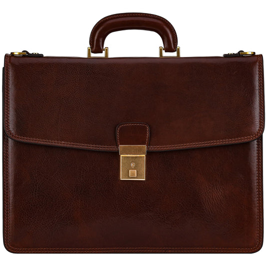 Time Resistance Leather Briefcase - Italian Handmade Leather Laptop Bag - Handbag for Men - Professional Computer Case (Brown)