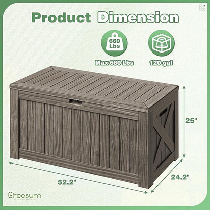 Greesum 120 Gallon Outdoor Storage Box with Lock - Large Resin Deck Box, Reinforced Lid for Garden, Patio, Lawn, Coffee