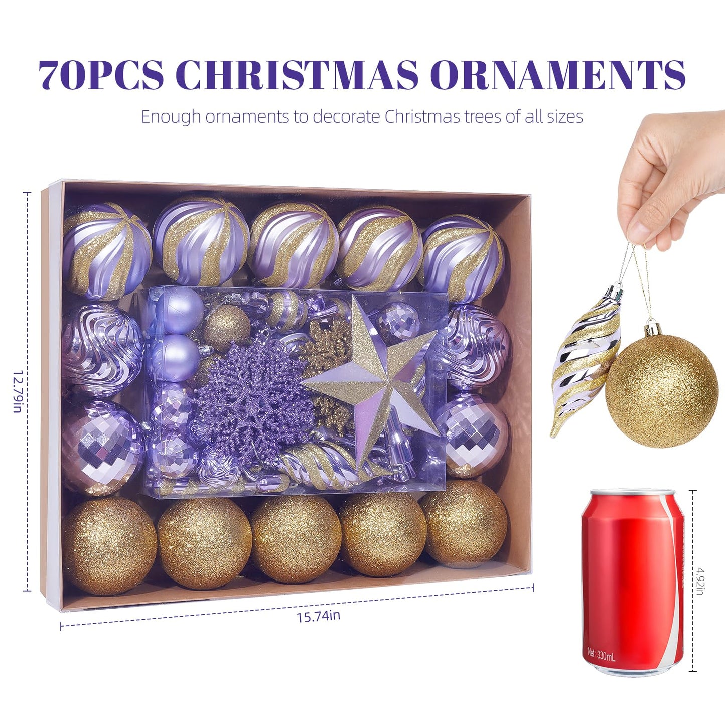 70PCS Christmas Balls Ornaments Set, Shatterproof Xmas Tree Decorations Kit with Balls, Snowflakes, Candy Canes, Star Topper, Reindeer & Hanging Baubles for Holiday Party Decor (Purple & Gold)