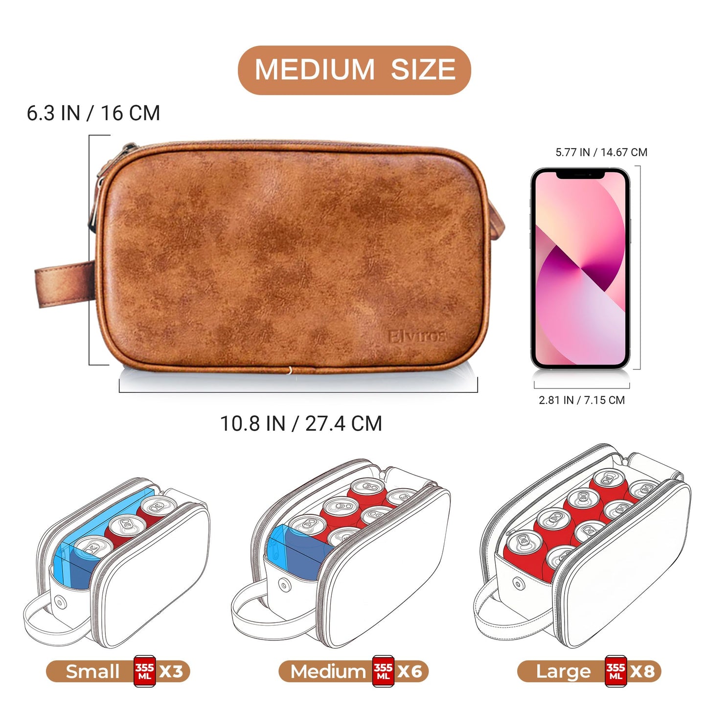 Elviros Toiletry Bag for Men, Large Travel Shaving Dopp Kit Water-resistant Bathroom Toiletries Organizer PU Leather Cosmetic Bags Fathers Day Gift (Medium, Brown)