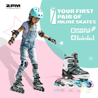 2PM SPORTS Cytia Pink Girls Adjustable Illuminating Inline Skates with Light up Wheels, Fun Flashing Beginner Roller Skates for Kids (Mint, Medium - Big Kid (13C-3 US))