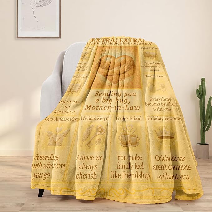 Mother-in-Law Blanket 60x50 - Vintage Newspaper Flannel Throw with Big Hug Quote, Cozy Sepia Decor - Birthday, Mother’s Day from Daughter-in-Law or Son-in-Law