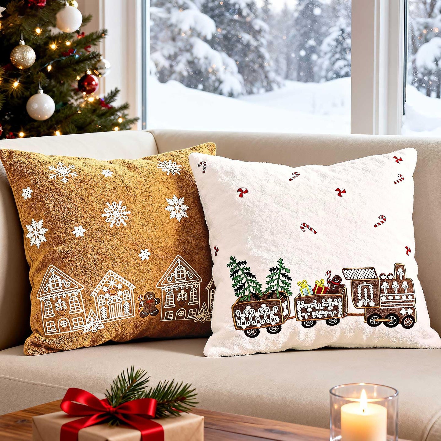 Lanpn 18x18 Christmas Pillow Covers Set of 2, Embroidery Gingerbread Man House Decorative Holiday Pillowcase Pillow Case Cushion 18 x 18 for Indoor Home Bedroom Sofa Couch Xmas Decor