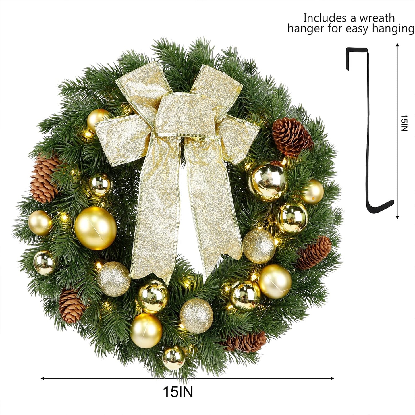 Hausse Lighted Christmas Wreath with Metal Hanger, Pre-lit Xmas Wreath with Large Golden Bow & Balls, Battery Operated with 40 LEDs Lights, for Front Door Gate Wall Christmas Party Decorations