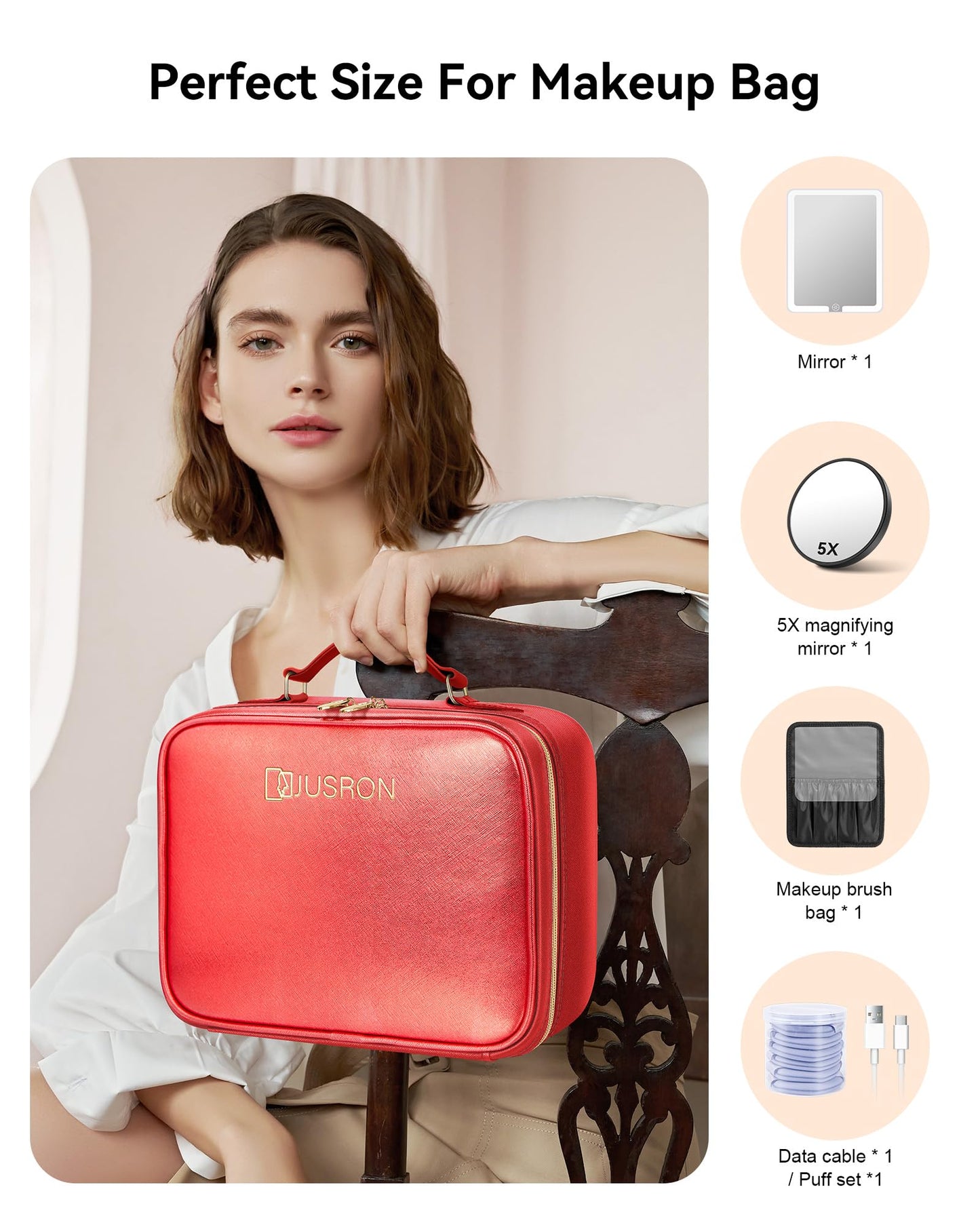 JUSRON Travel Makeup Bag With LED Mirror, Cosmetic Train Case with Light up Mirror, Portable Makeup Artist Organizer Bag with Adjustable Dividers, Makeup Brush Holder Storage (Red, Large)