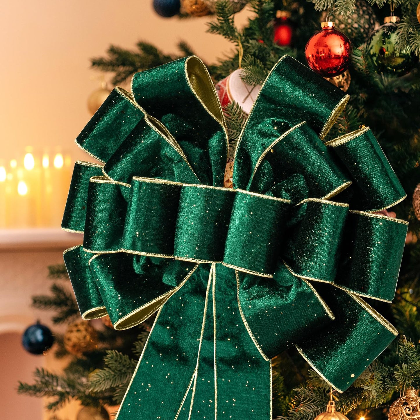 WRAPAHOLIC Large Christmas Tree Topper Bow - 13 x 52 Inch Green Glitter Christmas Tree Topper Ribbon Bow Wreath Bows with Wired Edge for Xmas Ornament Indoor Outdoor Decoration