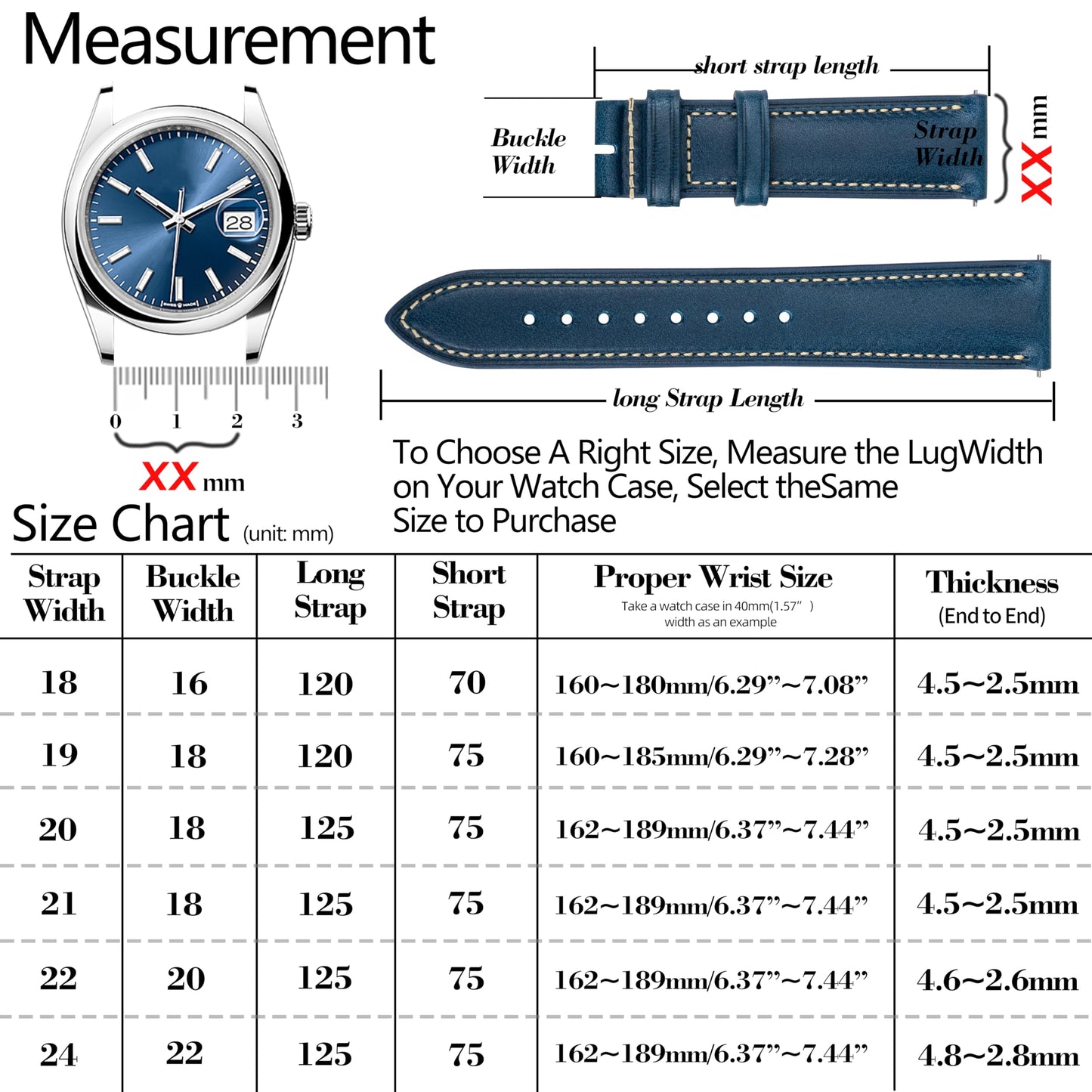 Gomvadr Vintage Genuine Top Grain Leather Watch Strap Quick Release, 18/19/20/21/22/24mm, Silver/Black Buckle, Universal Fit Unisex for Daily Wear (Blue with Silver Buckle, 24mm)