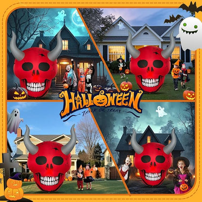 Halloween Inflatables Ghost Decorations Outdoor - 4 FT Horror Red Skull Halloween Blow up Yard Decorations Cute Ghost with LED Build-in for Garden Lawn Indoor Party Decor