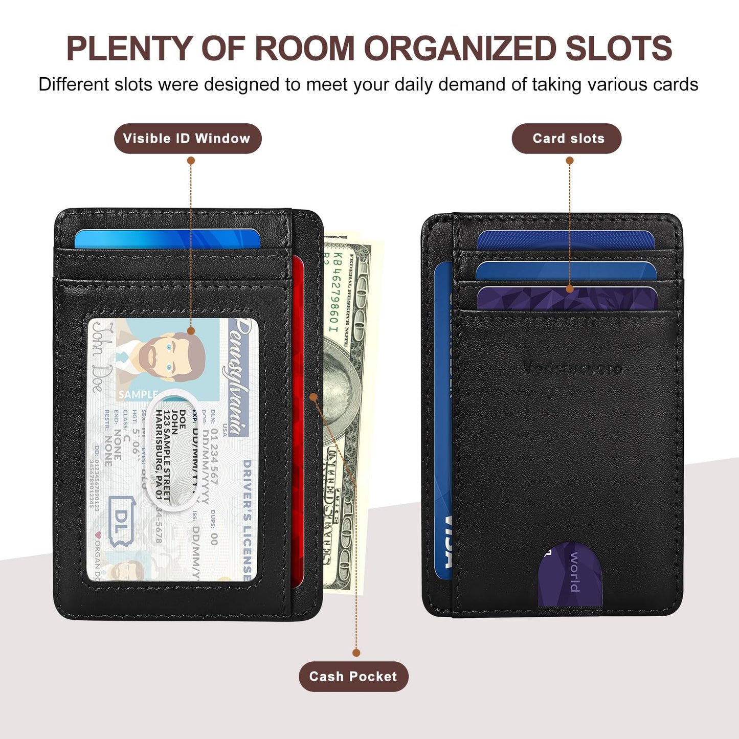 VOGSTYCUERO Slim Minimalist Front Pocket Thin Wallet RFID Blocking 100% Genuine Grain Leather Credit Card Holder for Men Women with Gift Box - Grain Leather Black