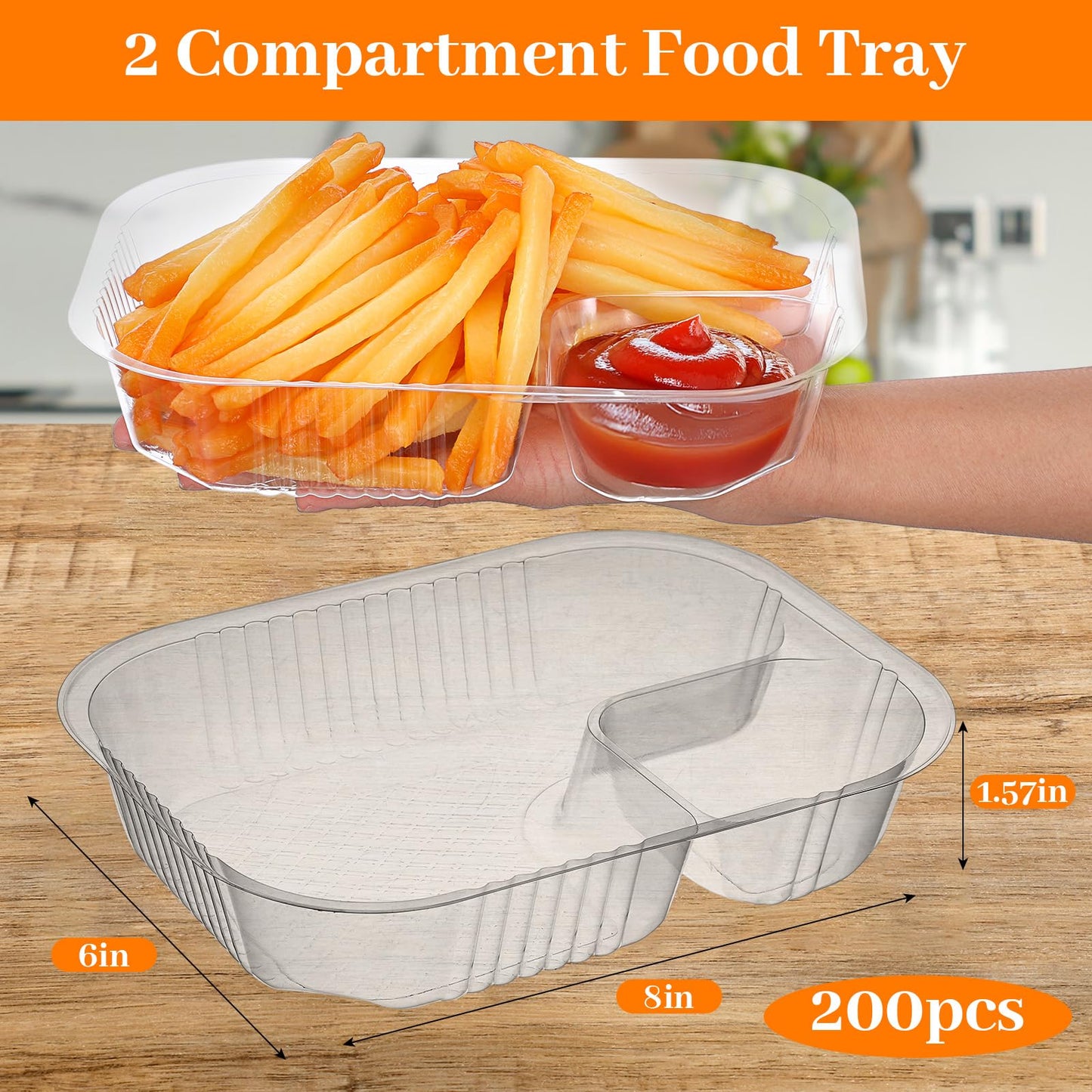 200 Pack 22 oz Nacho Trays, 6" x 8" Plastic 2 Compartment Food Serving Trays Disposable Sauce Cheese Dip Tray for Concession Stands Movie Night Carnival Christmas Party Snack Taco Chip Supplies