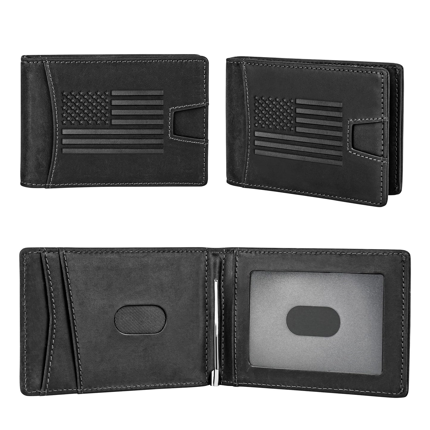 Military Veteran Products - Black Crazy Horse Leather Bi-Fold Card Holder with Money Clip Black American Flag Wallet