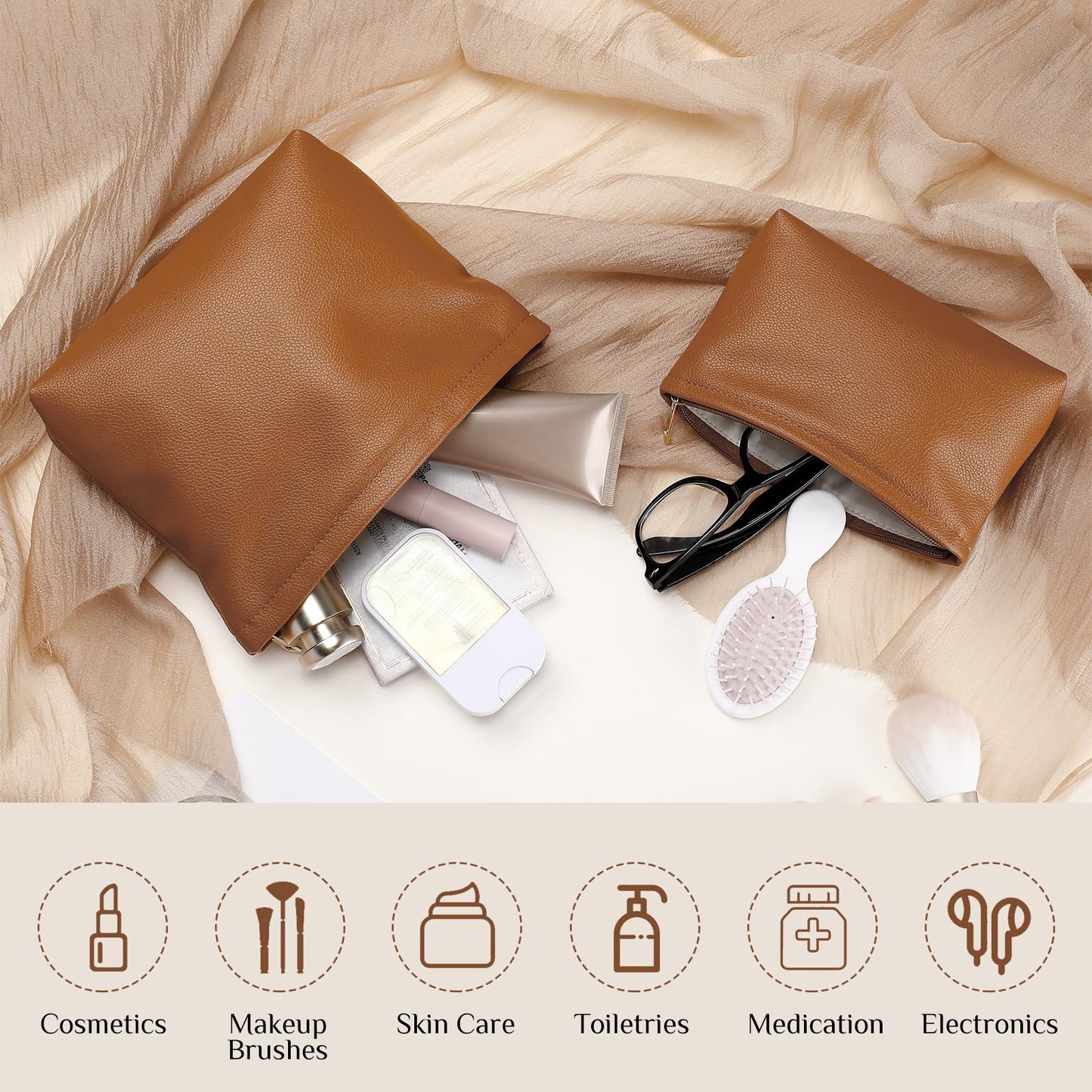 Kigeli 2 Pcs Small Makeup Bag Set for Purse PU Leather Cosmetic Bag Makeup Travel Toiletry Pouch Aesthetic Preppy Organizer Storage Pouch Gift for Teacher Mother Day Women(Brown)