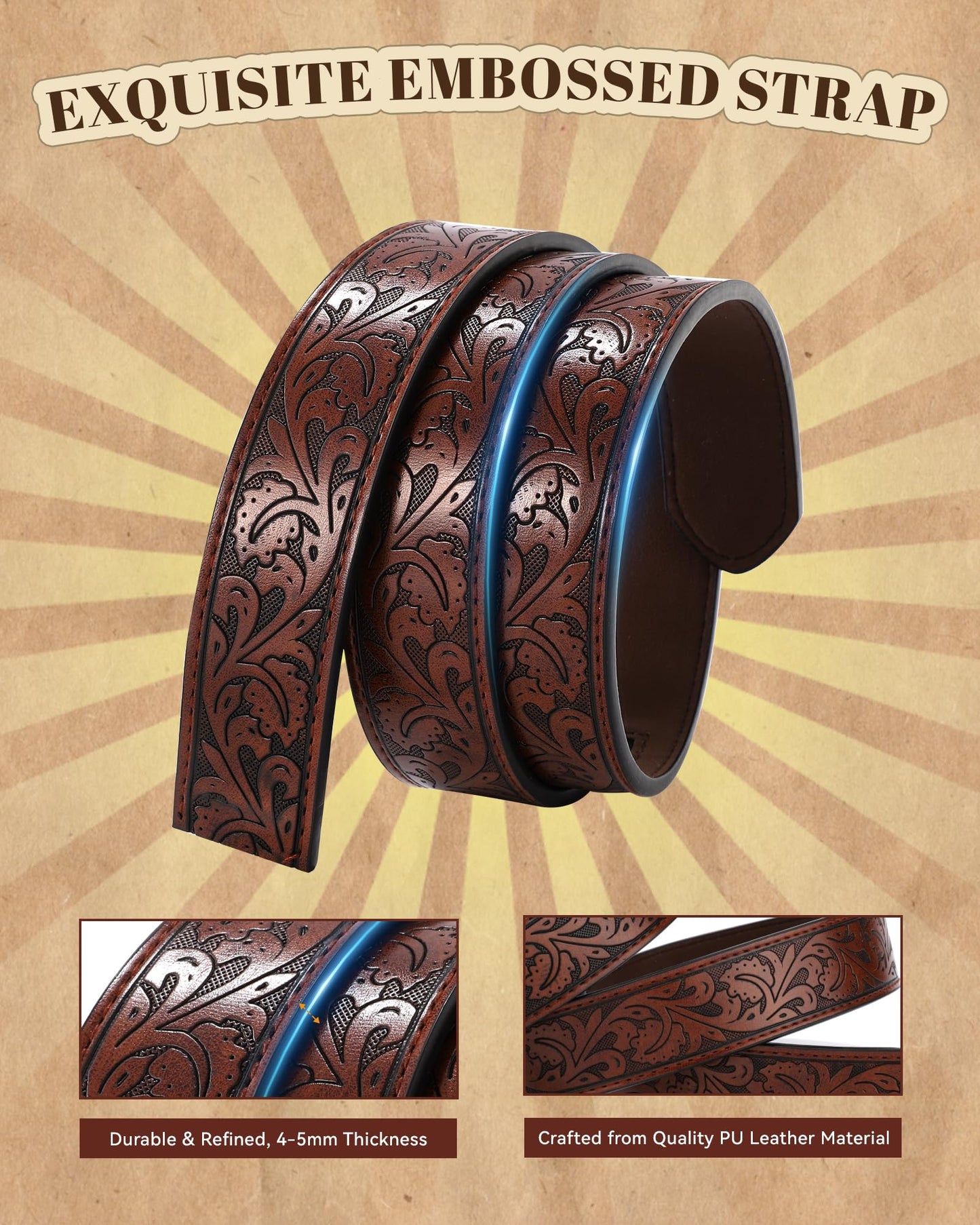 AWAYTR Kids Ratchet Western Belt - PU Leather Cowboy Belt Adjustable Toddler to Big Kid Sizes for Jeans (Gunmetal Gold Horse-Dark Brown, Fit Waist: 30.5"-35")