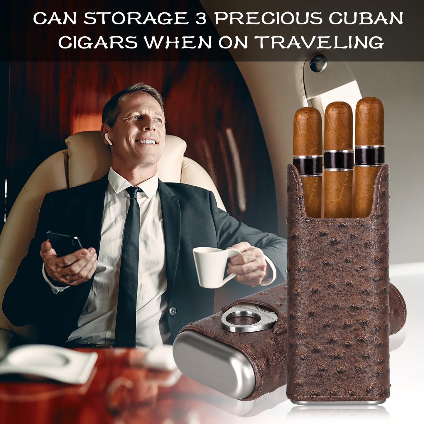 COOL KNIGHT Leather Cigar Case - Cedar Wood Lining Travel Humidors for Cigars - Cigar Accessories Include Stainless Steel Cigar Cutter - Cigar Gift Box for Cigar Lovers (Ostrich Texture)