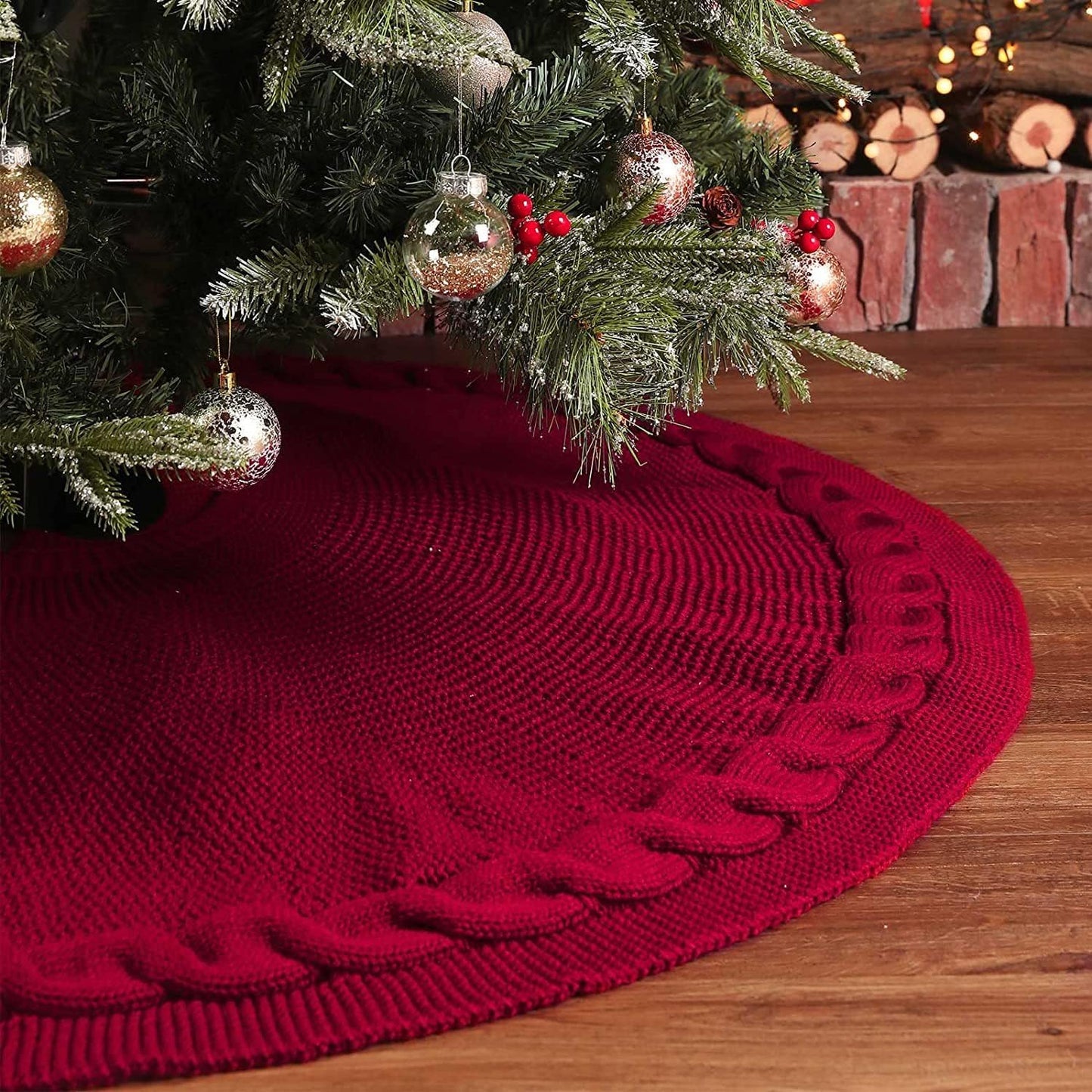 48 Inch Dark Red Knitted Christmas Maroon Tree Skirt， Large Xmas Tree Skirts Round Base Skirt for Holiday Party Decoration Ornament Supplies，for 6-8FT Tree Christmas Treer Burgundy Tree Skirt (48in)