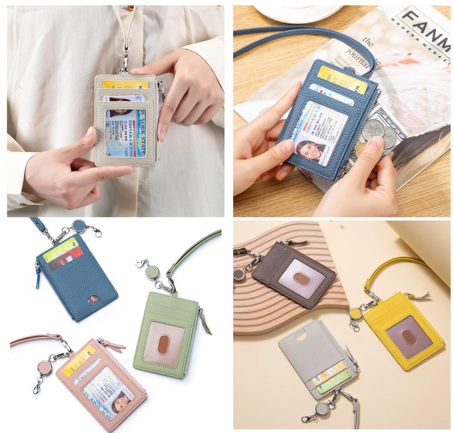 Genuine Real Leather ID Badge Holder with Lanyard & Retractable Reel, Card Holder Silver Metal Hardware Swivel Hook (Light Blue)
