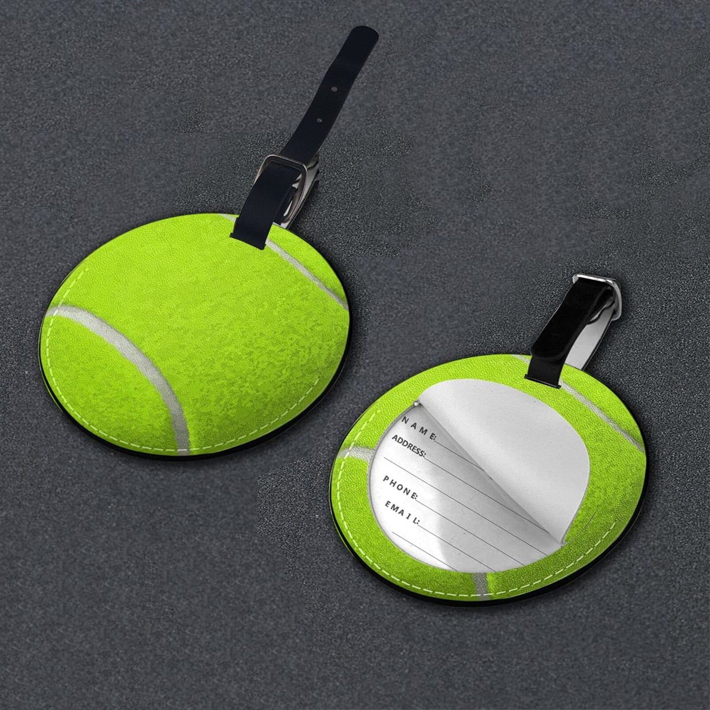 Luggage Tag Tennis Ball Balls for Tennis Lover, Pu Leather Bag Travel Suitcases Id Identifier Baggage Label for Women Men Boys Girls