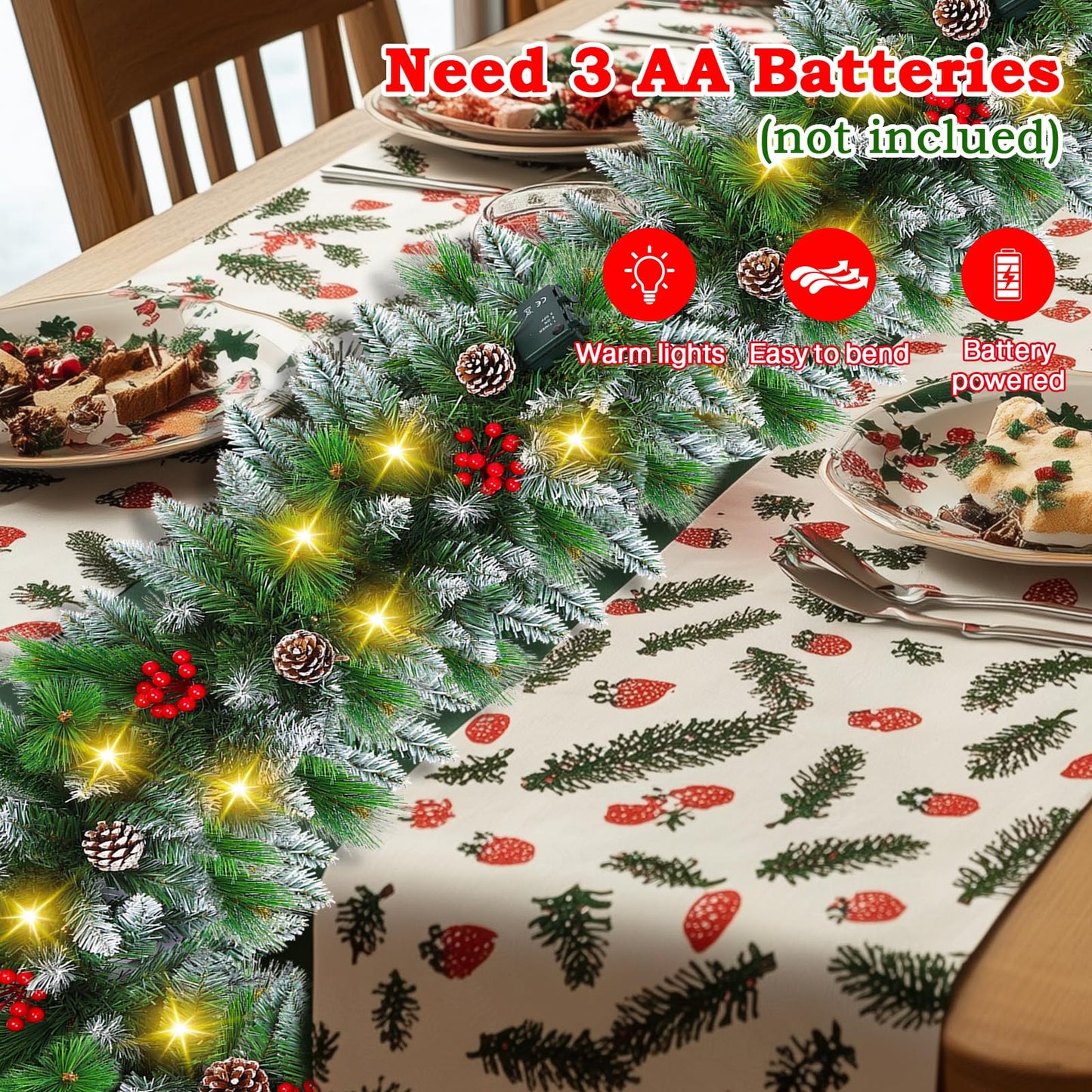 9FT Prelit Christmas Garland with Lights Decorations: Artificial Greenery Garland Battery Operated for Fireplace Mantle Stairs Windows Xmas Decorations, Indoor Outdoor Holiday Garland Decor