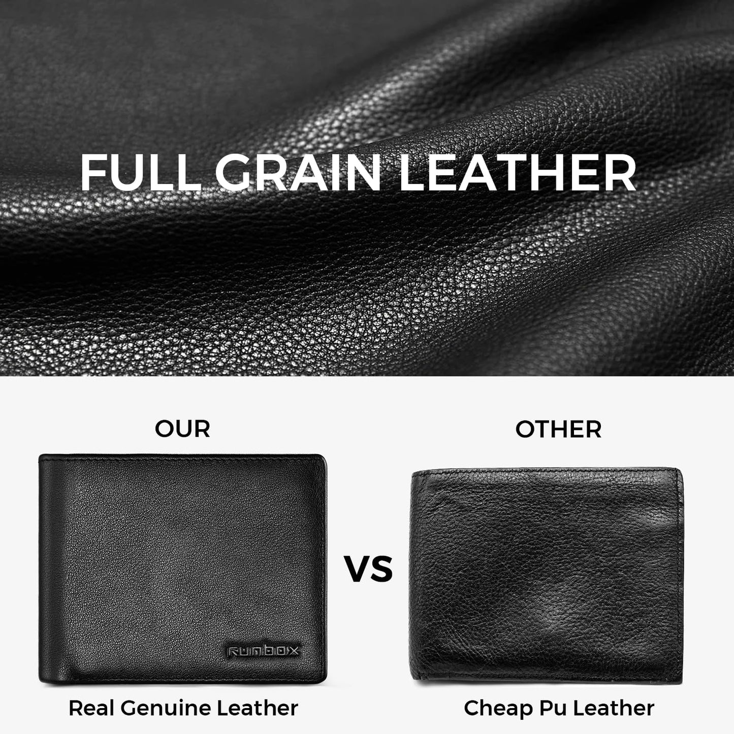 RUNBOX Leather Wallet for Men, Genuine Leather Mens Wallet Bifold Rfid Blocking with 12 Cards and 2 ID Windows, Minimalist Wallet for Men with Gift Box