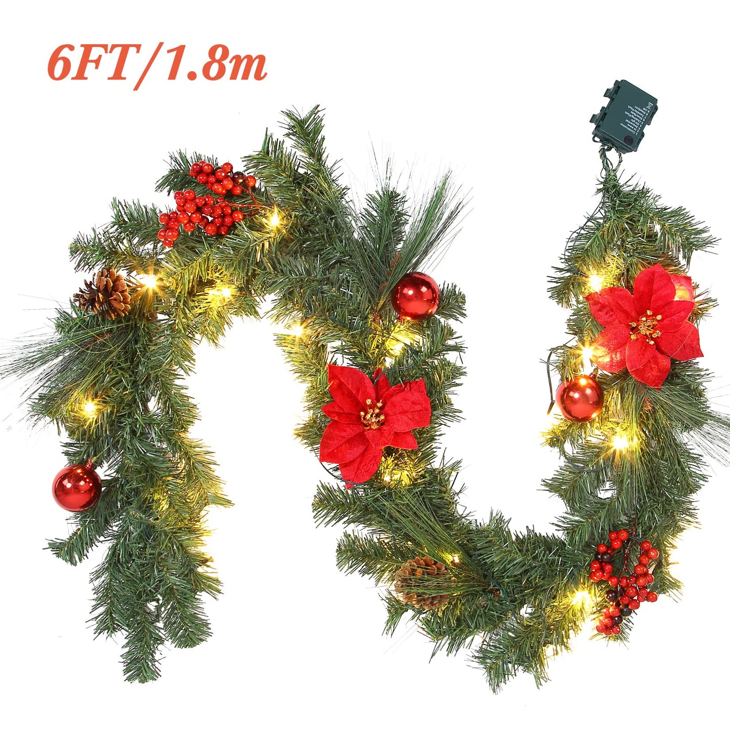 Adeeing Prelit Christmas Garland with 20 LED Lights - Red Poinsettia Flowers, Berries and Pine Cones - 6FT Lighted Garland for Mantle & Outdoor Decoration