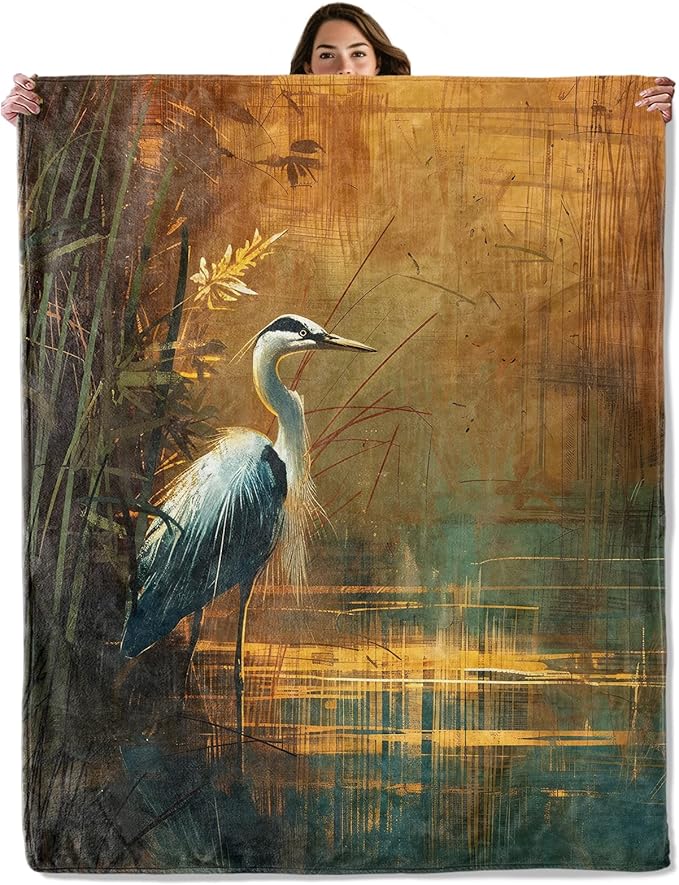 Rustic Heron Lake Throw Blanket – Nature Bird Design, Cozy Warm Flannel Blankets, All Season Use, Girls Women and Nature Lovers Gifts, 50x60in, Sofa Office Dorm Travel RV Decoration