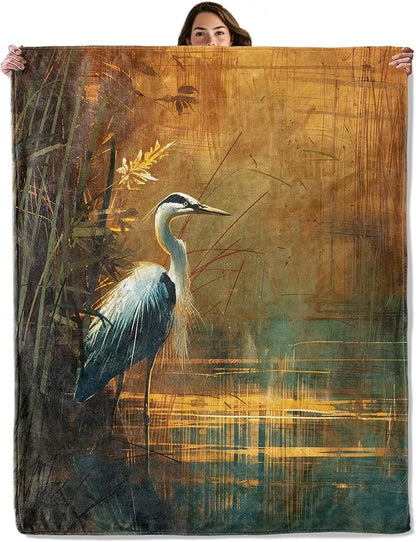 Rustic Heron Lake Throw Blanket – Nature Bird Design, Cozy Warm Flannel Blankets, All Season Use, Girls Women and Nature Lovers Gifts, 50x60in, Sofa Office Dorm Travel RV Decoration