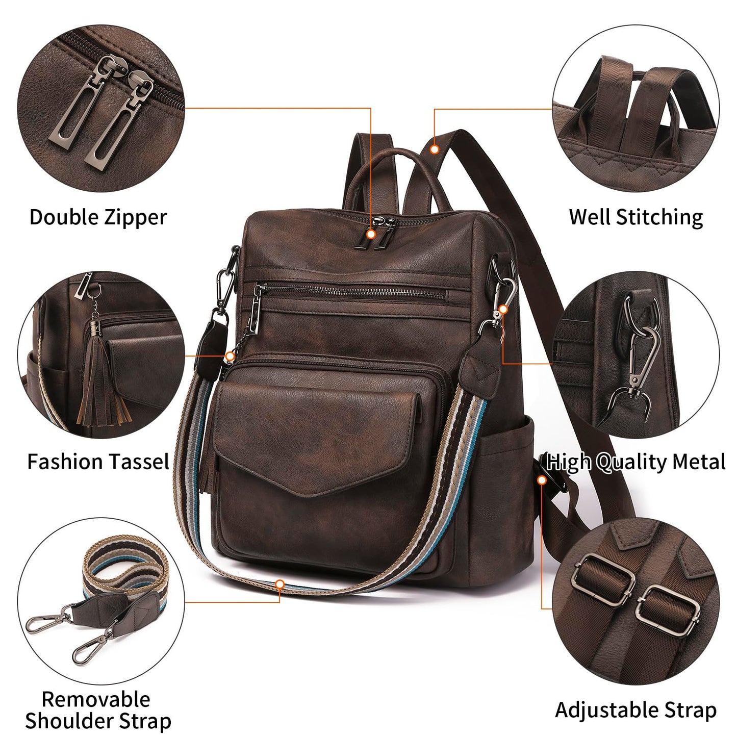 GAEKEAO Backpack Purse for Women Fashion Leather Designer Travel Backpack Purses Convertible Shoulder Bag with Wristlet (Two-toned Coffee)
