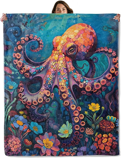 Underwater Octopus Throw Blanket for Boys Girls Kids Adults Women, Fuzzy Warm Soft Cozy Flannel Blankets Gifts for Bedroom, Couch, Travel, Home Decor 40x50 in