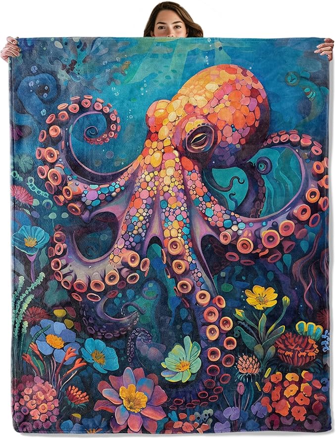 Underwater Octopus Throw Blanket for Boys Girls Kids Adults Women, Fuzzy Warm Soft Cozy Flannel Blankets Gifts for Bedroom, Couch, Travel, Home Decor 50x60 in