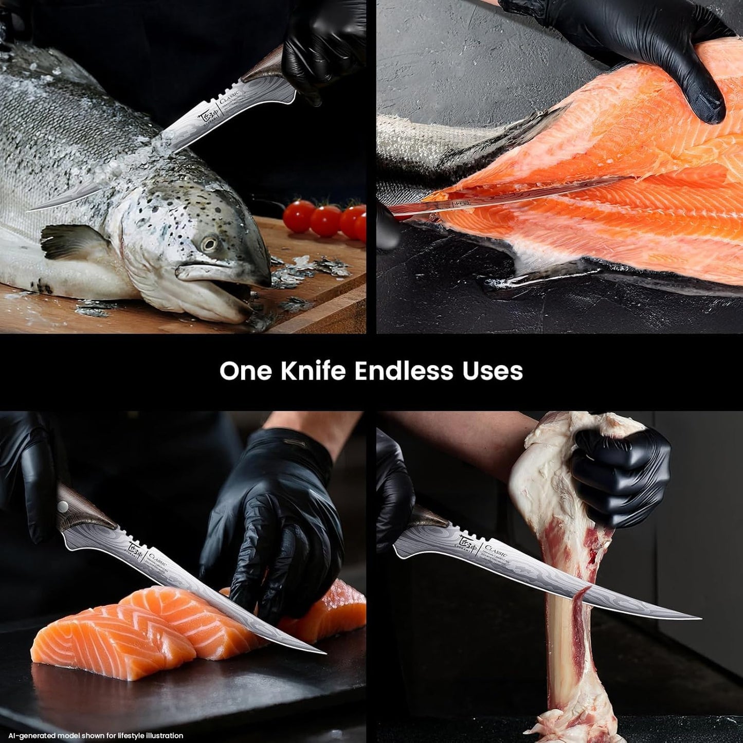 SYOKAMI Fillet Knife, Razor Sharp 7.2 Inch Boning Knife, High Carbon Stainless Steel Filet Knives with High Flexibility, Wooden Handle, Full Tang Damascus Pattern Fishing Knives, Ideal Gift