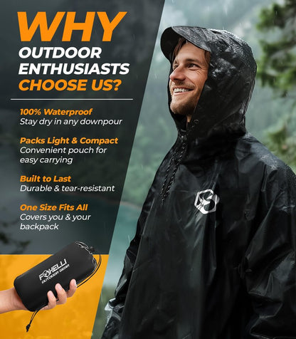 Foxelli Rain Poncho for Adults – Extra Long Reusable Waterproof Raincoat with Hood, Lightweight for Hiking, Camping, Outdoors