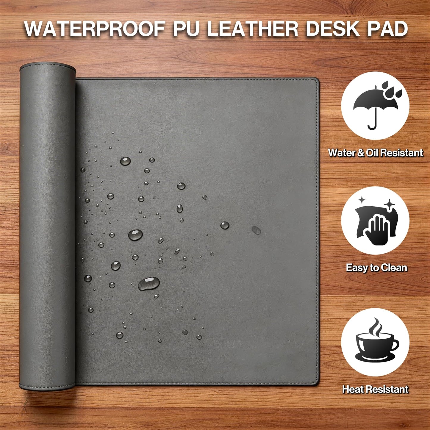 POCHAR Vegan Leather Desk Mat 31" x 16" - Office Desk Pad Protector for Desktop - Non-Slip PU Leather Dual-Sided Desk Blotter for Laptop Mouse Keyboard - Waterproof Writing Signing Pad, Gray