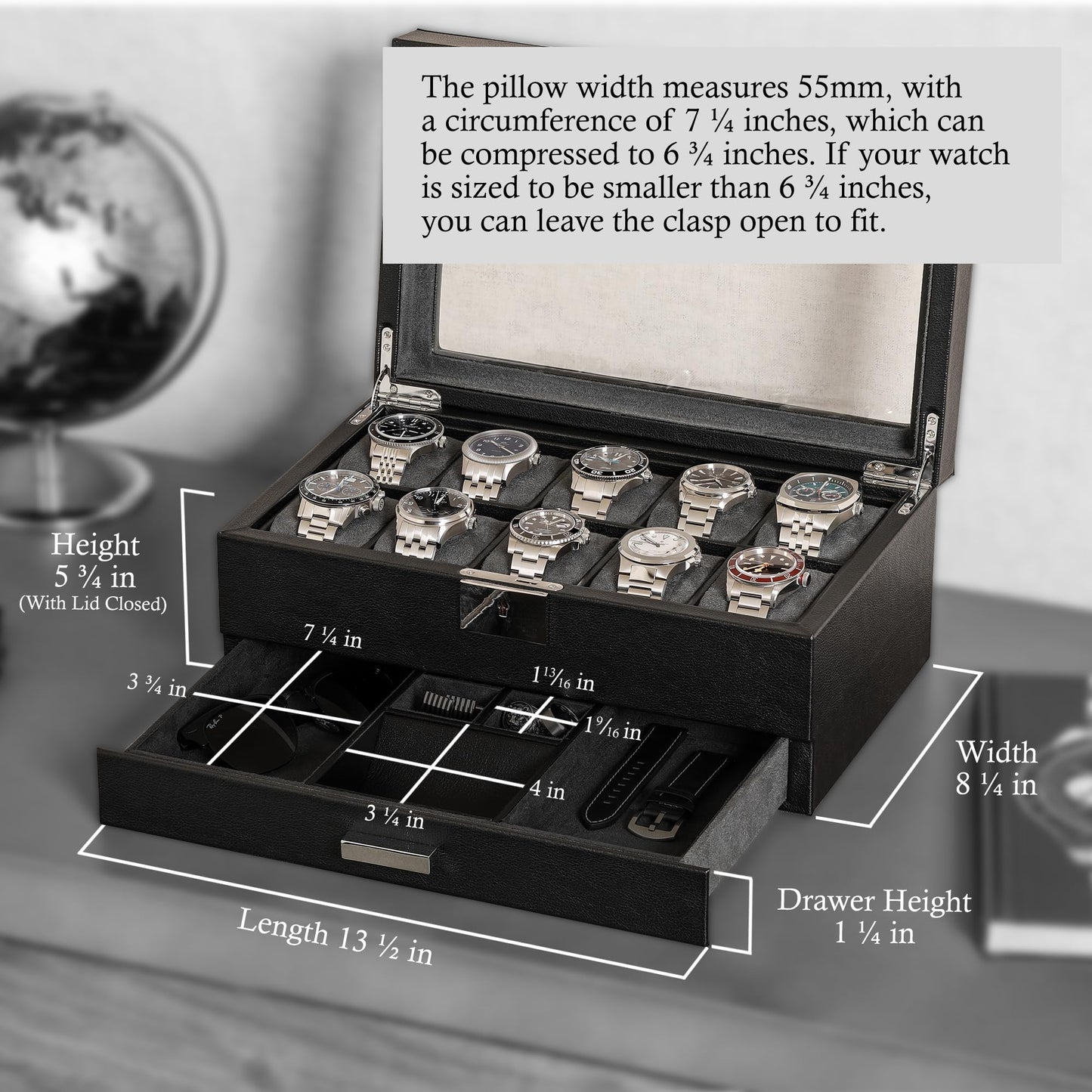 ROTHWELL 10-Slot Watch Box in Leather with Valet Drawer, Luxury Watch Case Display Organizer with Ultra Soft Microsuede Liner, Jewelry and Sunglass Holder With Large Glass top (Black/Grey)