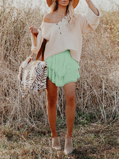 Aoudery Flowy Shorts for Women Casual Boho Ruffle Tiered Skorts High Waist Mini Skirts Golf Tennis Butterfly Crochet Shorts - Light Green XXL