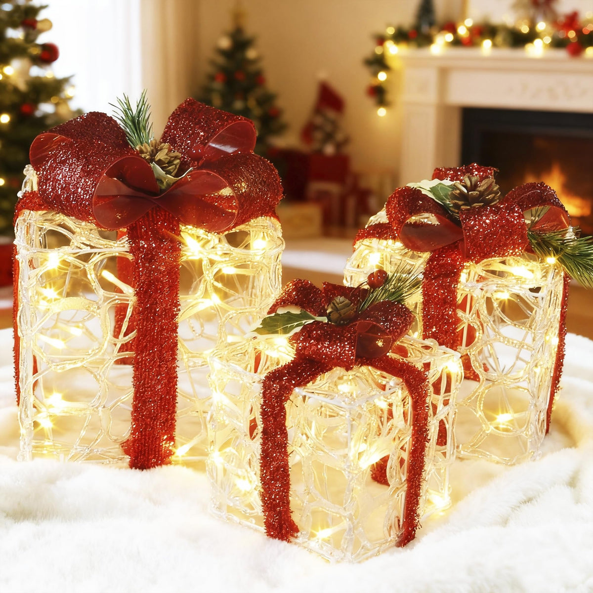 ATDAWN Set of 3 Lighted Gift Boxes Christmas Decorations, Clear Acrylic Present Boxes, Christmas Home Gift Box Decorations