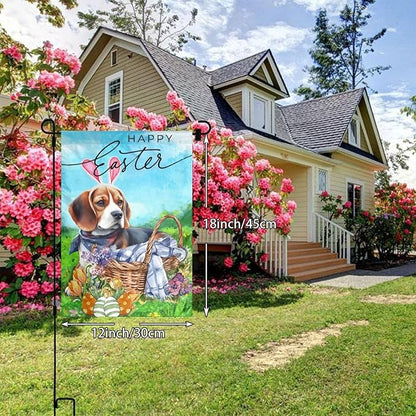 Beagle Dog Flower Happy Easter Bunny Cute Egg Garden Flag Welcome Party Outdoor Outside Decorations Picks Home House Garden Yard Decor 12x18 Inch