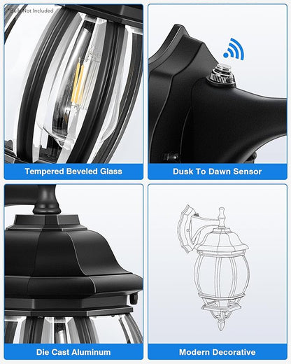 VIANIS Dusk to Dawn Porch Lights Outdoor, Black Exterior Light Fixtures Wall Mount for House, 2 Pack Modern Coach Lights for Garage with Tempered Glass, Anti-rust Outdoor Wall Sconce Lantern for Patio